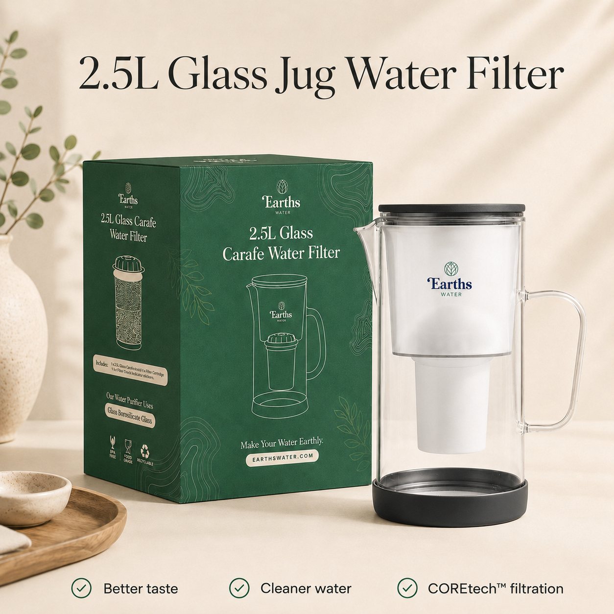 2.5L Glass Water Filter Jug Carafe - Black
