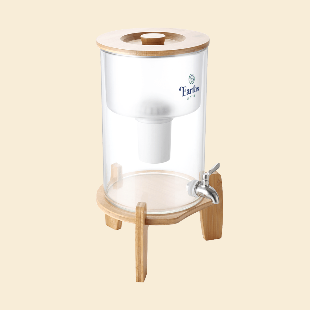 9L Glass Benchtop Alkaline Water Filter - Natural Bamboo + 3 Replacement Filters [BUNDLE]